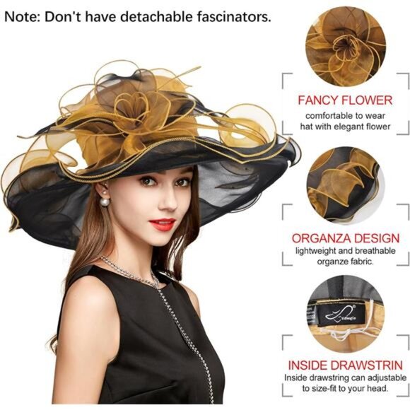 Derby Hats for Women, Classy Organza Sun Hat, Camel Black